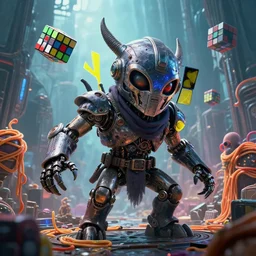 by oka yasutomo and anna dittmann, visually stunning, cinematic, ultra realistic, hyper realism, 1 2 k, epic, octane render, unreal engine, vfx, maya, rubik's cube is a 3 / 3 creature with flying and first strike, lovecraftian mechanized funny crazy monsters, epic mask helmet robot ninja portrait, inside a futuristic magical elven city, spaghetti monster