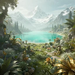 a paradise garden, a land of the dead, divine, hazy, volumetric lighting, snowy summits in the background, vast turquoise lake, lush flora, empty, spacetime bending, very detailed, serene, gold accents, washed out colors, beautiful digital artwork, cyberpunk style, master level composition, raytracing
