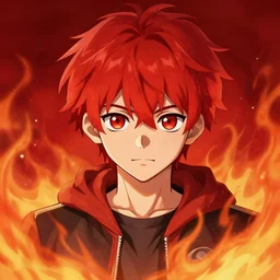 a comic - like red haired boy with red eyes and surrounded with a red background with fire