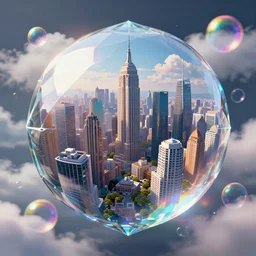 a gigantic city contained in a diamond glass orb, where the image of the city inside is distorted by light refraction, smoky glass, and clouds surrounding it, multicolor, rainbow, bubbles, pixel art