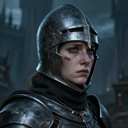 head and shoulders portrait from an side angle of a female knight with a worried helmet, scars under her grey eyes. sad and tired eyes, broken neclace. background dark mystical castle! a few thin light rays on the castle. high detail, artstation top ten photo