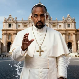 saint kanye west as the pope pope in the vatican ( gears of war battlefield 5 ), splash art, movie still, cinematic lighting, dramatic, detailed face, octane render, long lens, shallow depth of field, bokeh, anamorphic lens flare, 8 k, hyper detailed, 3 5 mm film grain