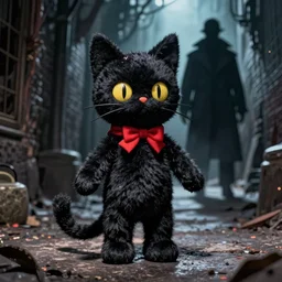 black cat-style voodoo doll in a dark alley with a ominous shadow of a man in trench coat in background, style of Clive Barker horror comic book illustration, volumetric lighting, highly detailed
