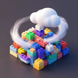 isometric view of a bunch of colorful building blocks with a swirling magical cloud, octane render, macro