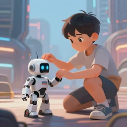 a young boy playing with a toy robot in a future city ( digital painting )