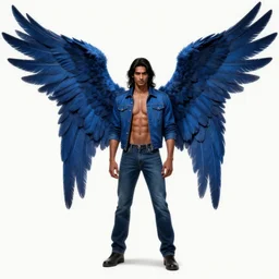 male angel avan jogia with large wings. deep-blue feathers. jacket and jeans . Smooth brown skin. Long black hair. Distant full body shot. detailed urban fantasy digital art, trending on artstation