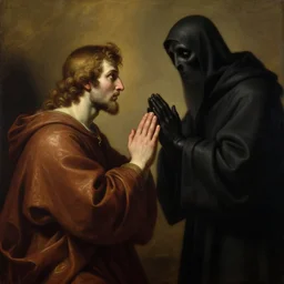 beautiful oil matte painting, priest pleading to the grim reaper for forgiveness, wonderful masterpiece highly detailed, beautiful cinematic light deep focus, elegant, digital painting, smooth, sharp focus, golden ratio, dramatic illumination, ultra realistic, 8 k, art by caravaggio and salvator rosa