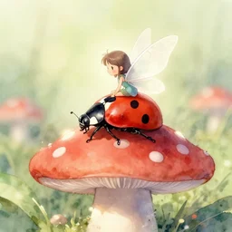 ladybird fairy sitting on a toadstool. watercolor by award - winning mangaka, backlighting, relaxed mood, pastel palette, depth of field, painting, macro photography.
