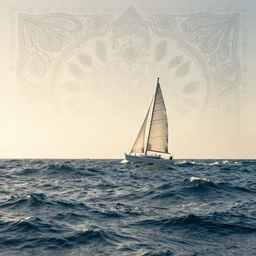 [ palate ] [ muted colors ] extreme psychedelic ocean waves, sailboat navigating rough seas, paisley skies, backlit, sunrise, refracted lighting, outdoors, paisley patterned clouds in the sky, elegant, 8 k resolution, intricate and fine details, award wining composition, photorealistic illustration, artstation, krenz cushart, alphonse mucha