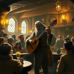 an ultradetailed matte painting of a halfing bard, playing a lute in a tavern, wide angle shot, warm colors, cozy, crowd of listening fans, fantasy, d & d, intricate detail, cinematic, 8 k, cel shaded, volumetric lighting, octane render, artstation, art by greg rutkowski and albert bierstadt