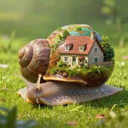 Giant snail with shell replaced with a cottage. Digital art, trending on artstation