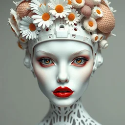 beautiful porcelain ivory fair skin woman, red plump lips, round well - defined dark hazel eyes, biomechanical cyborg, elegant haute couture, iris van herpin, h. r. giger, alexander mcqueen, laser cut paper, headdress with daisies, colorful puffballs, mushrooms, rhizomorphs, brackets, fractal sponge corals, monochromatic, hyper detailed, ultra sharp