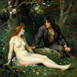 painting in the style of william adolphe bouguereau of Eve and Keith Richards in the garden of Eden