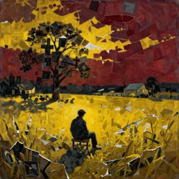 feeling lonely in the countryside, painting by shaun tan, detailed, intricate, torn paper decollage, dark yellow dark red palette, strong contrast, oil on canvas by edward hopper, ( by mattias adolfsson ), by moebius