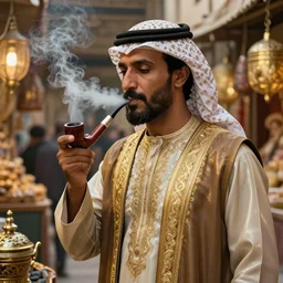 an arabian man smoking a pipe in the market, shiny, fantasy, intricate, elegant, hyper detailed, ultra definition, photoreal, artstation, unreal engine rendered, concept art, smooth, sharp focus, illustration, art by artgerm and greg rutkowski and alphonse mucha and garis edelweiss