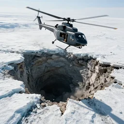 helicopter shot of gigantic permafrost sinkhole, collapsing ground, disaster movie