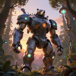 giant bear mecha, solarpunk, organic bioluminescent street lights, forest canopy understory, cinematic lighting, sunset, octane render, 3 d pixar disney digital cgi rtx hdr painting, highly detailed, artstation cgsociety masterpiece, by syd mead, greg rutkowski, wlop, artger