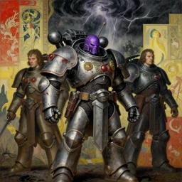 composition of gothic and futuristic, warhammer, cyber armor, more and more scars, thunderstorm, purple head, some red and yellow, the middle ages, highly detailed, artstation, in the style of moebius, jugendstil and classic japanese print, painting by david myers, richard pearce, composition by rene magritte, jean delville