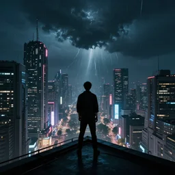 shot of the man standing on the roof, looks at impressive cyberpunk city at night during great storm, nightscape, futuristic architecture, realistic photo, neons, blade runner, akira style, cinematic lighting, cinematic angles