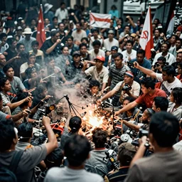 photograph of communist messacre in indonesia by jon mccoy, film grain, cinematic lighting, 8 k resolution, photorealistic, highly detailed, maya style drawing inspired from photographs taken on a canon 5 5