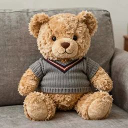 a teddy bear with a creepy!! smile wearing a sweater vest sitting on a couch, 4 k photo