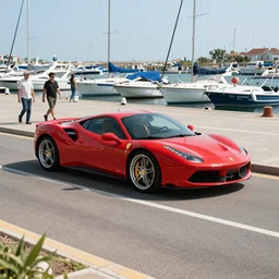 people passing by a red Ferrari near the pier with boats on a sunny day