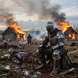 burning peasant houses in the background, dead bodies in mud, one knight sits on knees, sanguinary blood splatters, flying mud, debris, boots, smoke, field, wet, dawn, partly cloudy, cold breath, hyper realistic, octane render, hyper detailed, cinematic, medium shot