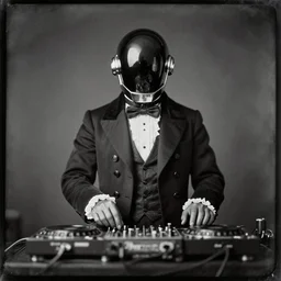 daft punk in aristocratic victorian attire, dj set, daguerreotype, black mist filter