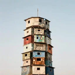 a tower made up of makeshift squatter shacks with bleached colours, mamiya, 8 5 mm, f 1. 7, uniform plain sky, light leaks, digital glitches, photographed by julie blackmon