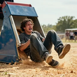 tony hawk crying, he is stuck feetfirst in a woodchipper, photograph, hyper realistic, outdoors, midafternoon, 4 k, artstation, unreal engine, cinematic