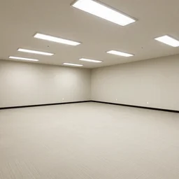 an large empty office space with offwhite stained carpet and wallpaper, fluorescent lights, liminal space, craigslist photo