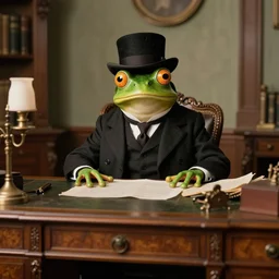 cinematic, beautiful, ultra detailed, precise, award winning photo by saul leiter of an anthropomorphic aristocrat frog wearing a perfect suit and a perfect hat sitting behind a perfect victorian desk, 1 9 4 0 s, vintage photography