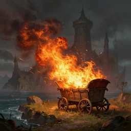 alchemist fire explosion from a old wagon on island in front of tower, d & d, fantasy, dark setting, detailed digital painting, dungeons and dragons, trending artstation