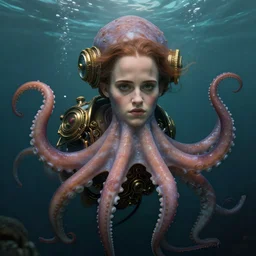 underwater steampunk biopunk portrait of emma watson, octopus, au naturel, hyper detailed, digital art, trending in artstation, cinematic lighting, studio quality, smooth render, unreal engine 5 rendered, octane rendered, art style by klimt and nixeu and ian sprigger and wlop and krenz cushart.