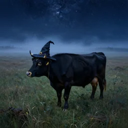 a detailed landscape painting of a starry cow standing in a grassy field wearing a witch hat, cow wearing hat!!! viewed in profile and far away, fog in the background, ultrawide lens, aerial photography, black and blue color scheme with gold highlights, art by greg rutkowski and and rembrandt and alphonse mucha, artstation, 8 k