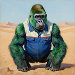 “A gorilla with green hair wearing a work uniform in a desert, Painting by Pablo Picasso”
