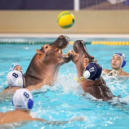 hippopotamuses playing water polo against people. water polo photograph.