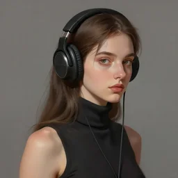 girl with brown hair wearing headphones, sleeveless turtleneck. digital painting, by valerian city of a thousand planets, by ruan jin #, by mandy jurgens #, by artgerm #, william - adolphe bouguerea #