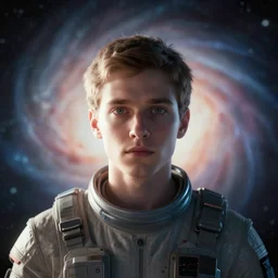 the bright light looking at you with a blured snapshot of the universe in the background from'lost in space ( 2 0 1 8 ) ', soft muted flares on backside, frontal view, very long shot, cinematic light, realistic shaded lighting, futuristic, digital art, trending on artstation, golden ratio, perfect symmetrical, perfect intricate, masterpiece, hyperrealistic, octane render