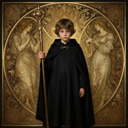 perfectly - centered - portrait of a kid wearing black cloak holding staff, intricate, highly detailed, digital painting, artstation, concept art, smooth, sharp focus, illustration, unreal engine 5, 8 k, art by artgerm and greg rutkowski and alphonse mucha