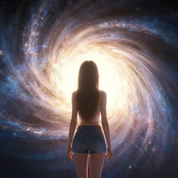 the girl in the center looks at space, epic, volumetric light, hyperrealistic, glitter, mega detailed, beautiful composition, beautiful lighting, unreal render, 4 k
