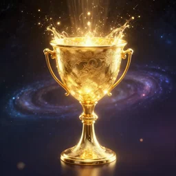 golden chalice filled with magical power, sci fi horror, 3d, galaxy background, third person, particles,  rim lighint,  in the style of bladerunner