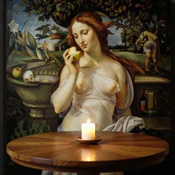 botticelli venus sitting behind a wood circular table with a candle on top and a bar eating an apple