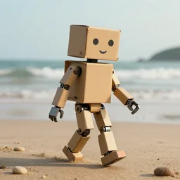 Dreamt in 29.59s for  robot made of a cardboard box, crayon face, walking through on the beach, dof, cinematic lighting, hyperrealistic, extremely detailed,