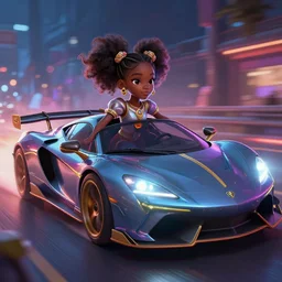an african american petite girl with a sports car, night life, neon glow, race, speed, lights, lens flare, deep focus, d & d, fantasy, intricate, elegant, highly detailed, digital painting, artstation, concept art, matte, sharp focus, illustration, hearthstone, art by artgerm and greg rutkowski and alphonse mucha