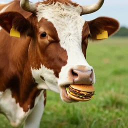 cow eating an hamburger