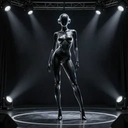 digital concept art by artgerm and moebius. just one lonely black tape project show attctive showgirl!! full body!! future head set. contour light effect!! 8 k. stage light. octane render. sharp edge. ultra clear detailed