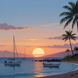 Paisible sunset  at Lahaina Maui, some boats, a few birds in the sky, sharp focus, illustration, paisible night lighting, incredible Photography wild angle 35mm