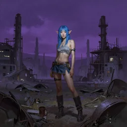 stunning, breathtaking, awe-inspiring award-winning artwork of an attractive young asian elf woman with pointy ears and blue hair, wearing a miniskirt and knee-high boots in an endlessly sprawling desolate abandoned post-apocalyptic industrial city at night, extremely moody purple lighting, by Frank Frazetta, by Artgerm