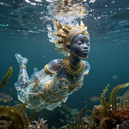 hyperrealistic precisionist cinematic half underwater scene with fish and algae, very expressive! translucent elegant african goddess getting out of water, gold jewerly, highly detailed face, digital art masterpiece, aykut aydogdu zener, dramatic volumetric light, long shot, low angle uhd 8 k, sharp focus